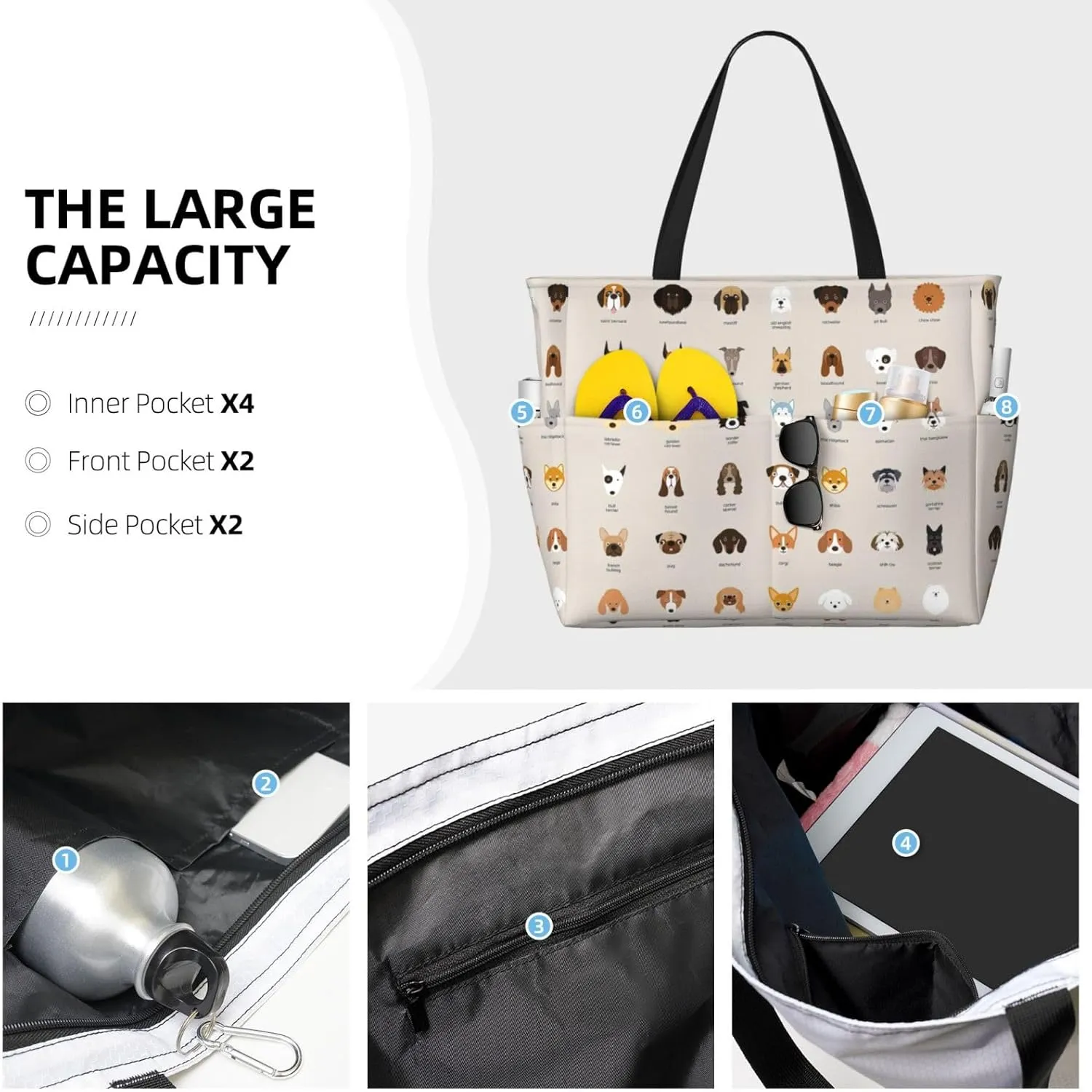 Dog Breed Extra Large Tote Bag For Women,Foldable Beach Bag With Pocket Weekender Travel Overnight Bag