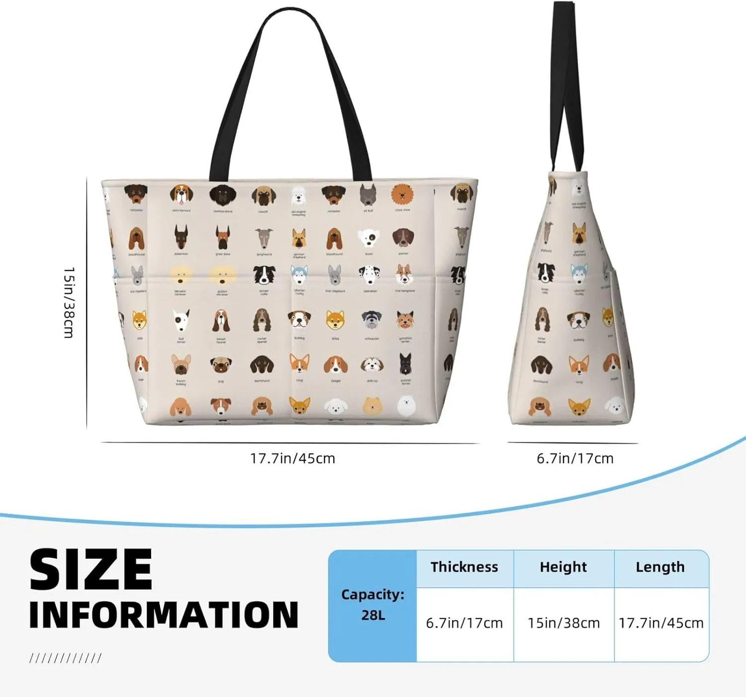 Dog Breed Extra Large Tote Bag For Women,Foldable Beach Bag With Pocket Weekender Travel Overnight Bag