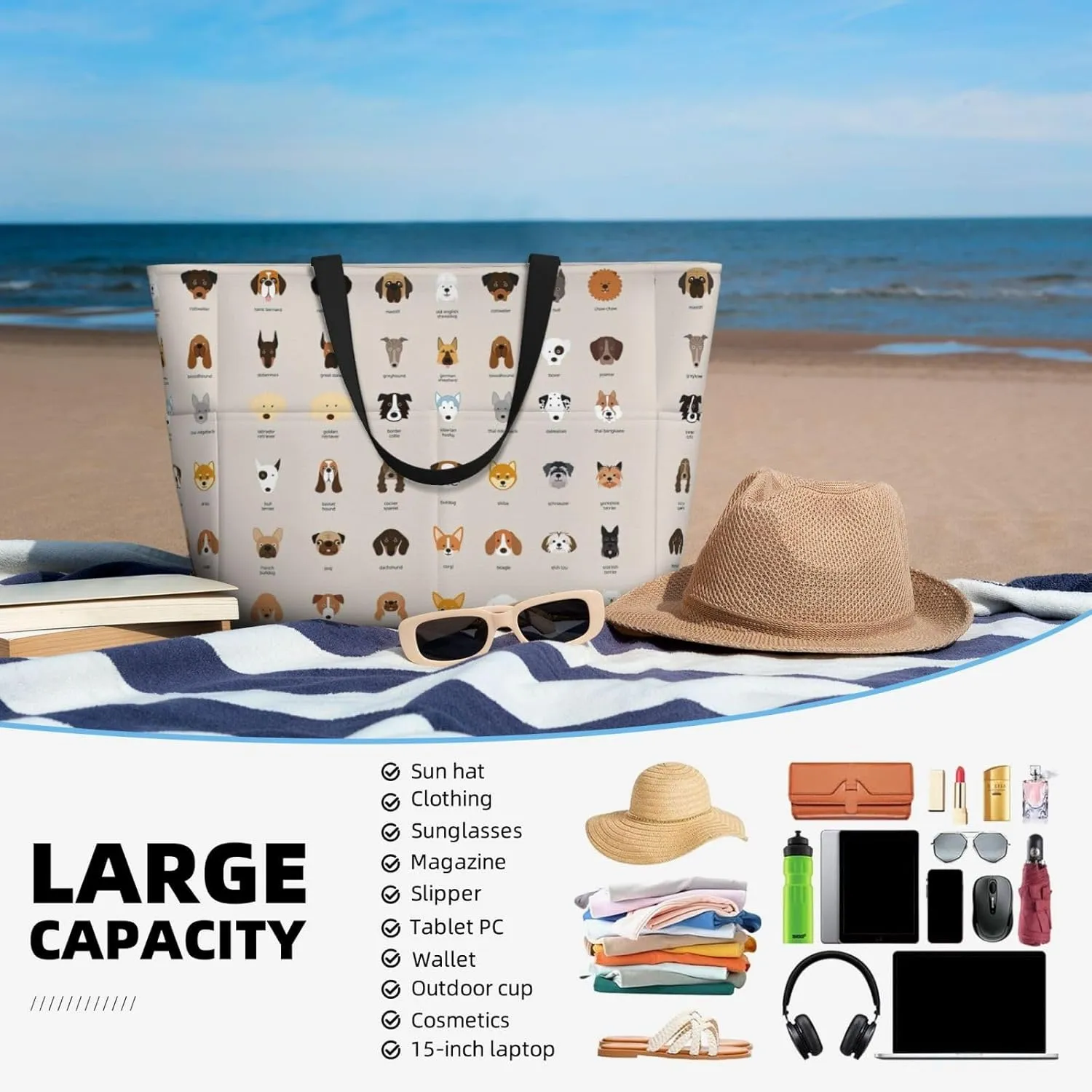 Dog Breed Extra Large Tote Bag For Women,Foldable Beach Bag With Pocket Weekender Travel Overnight Bag