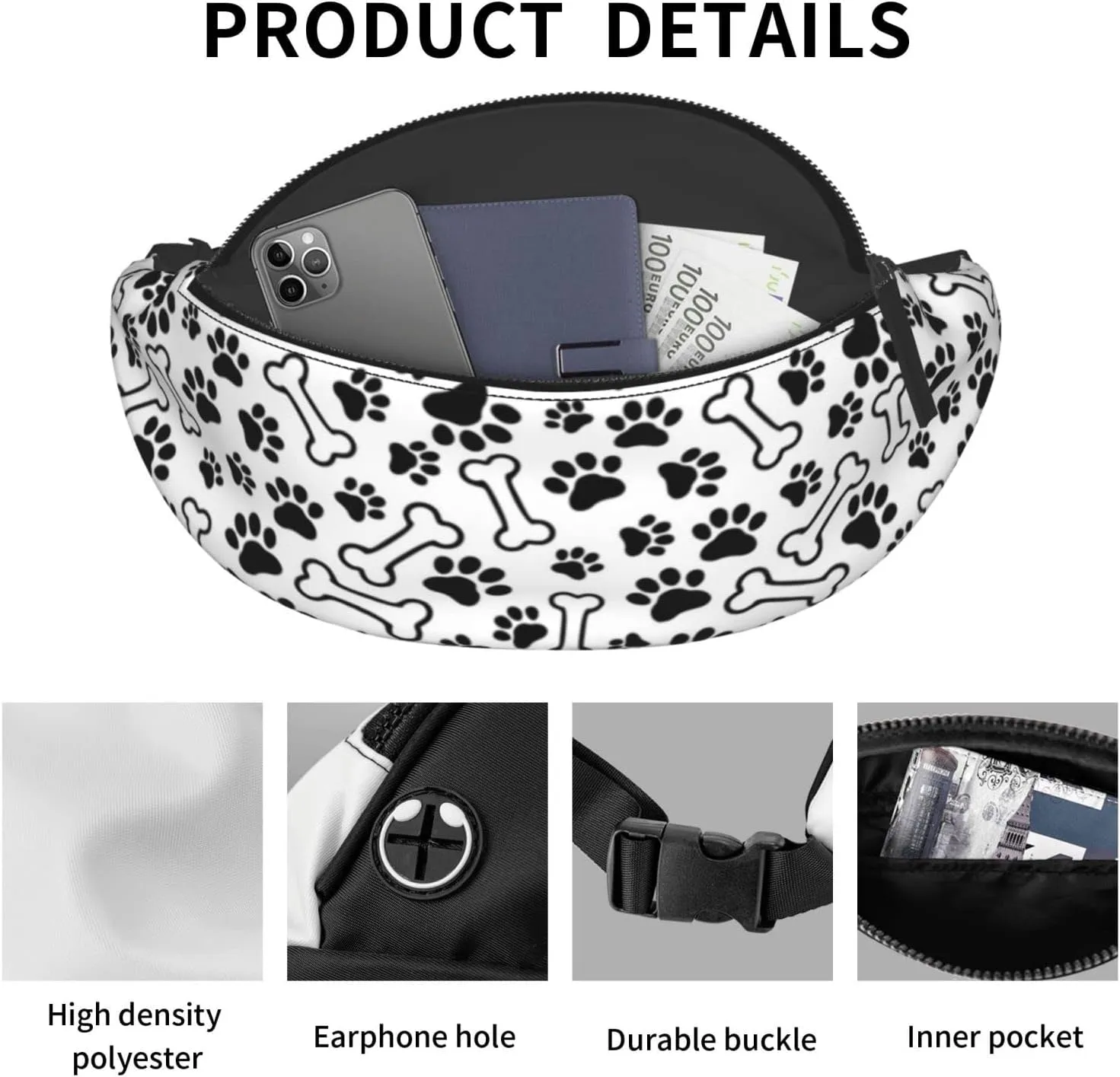 Dog Paw Print Fanny Pack for Women Men,Fashion Waist Pack Belt Bag Crossbody Bag for Traveling Casual Running Cycling