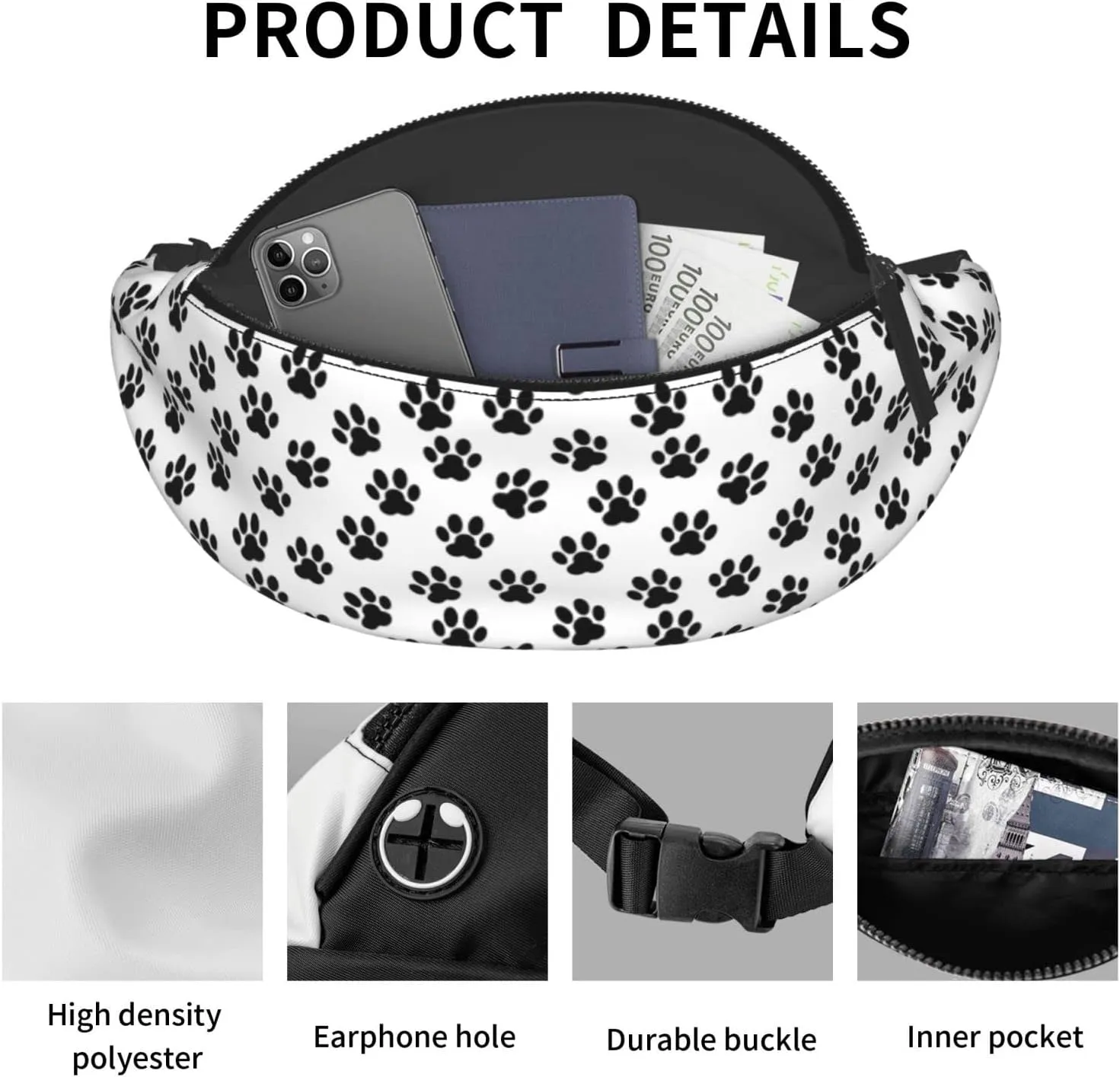 Dog Paw Print Fanny Pack for Women Men,Fashion Waist Pack Belt Bag Crossbody Bag for Traveling Casual Running Cycling