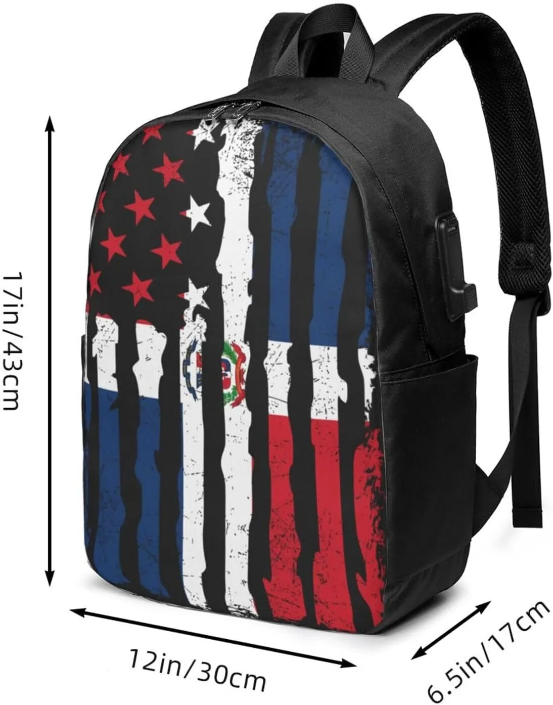 Dominican Roots American Pride Flag Travel Backpack 17-Inch Laptop Backpacks Business Rucksack Casual Sport Daypack with USB Charging Port Carry-on Bag for Camping Biking