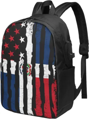 Dominican Roots American Pride Flag Travel Backpack 17-Inch Laptop Backpacks Business Rucksack Casual Sport Daypack with USB Charging Port Carry-on Bag for Camping Biking