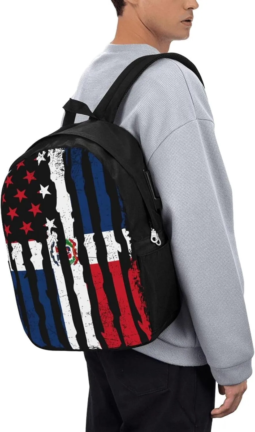 Dominican Roots American Pride Flag Travel Backpack 17-Inch Laptop Backpacks Business Rucksack Casual Sport Daypack with USB Charging Port Carry-on Bag for Camping Biking