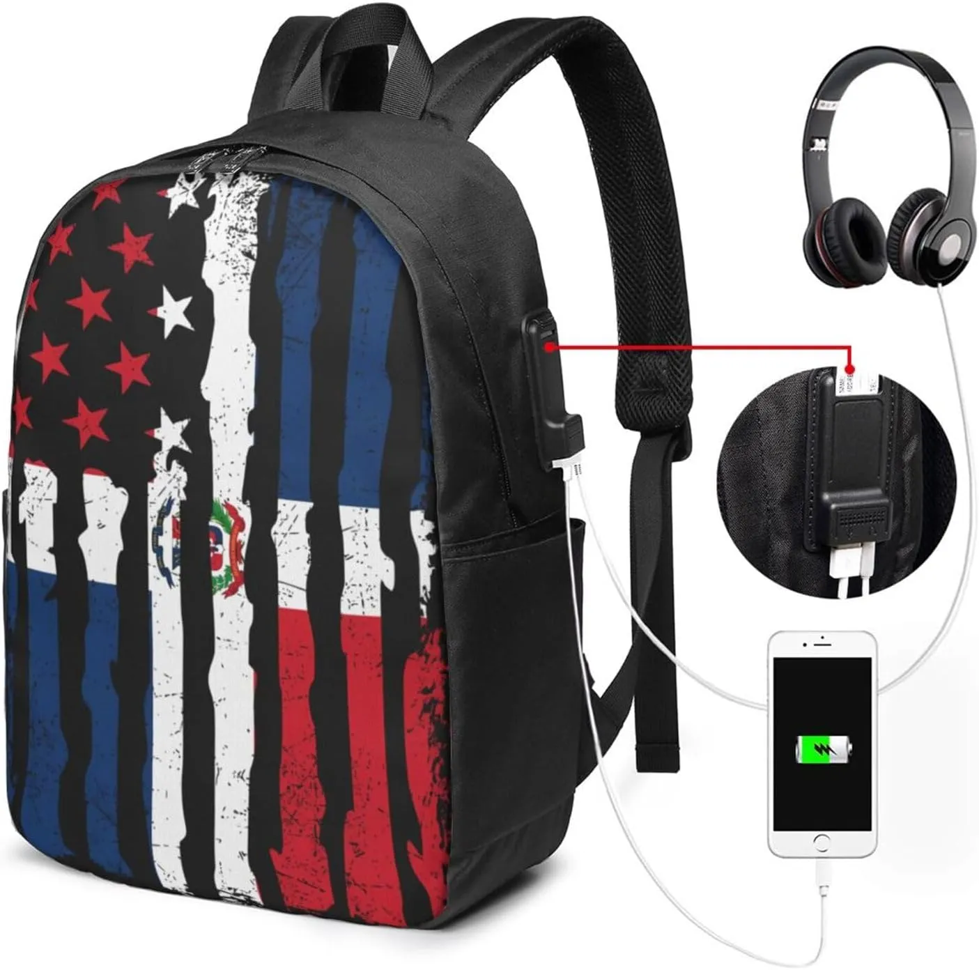 Dominican Roots American Pride Flag Travel Backpack 17-Inch Laptop Backpacks Business Rucksack Casual Sport Daypack with USB Charging Port Carry-on Bag for Camping Biking