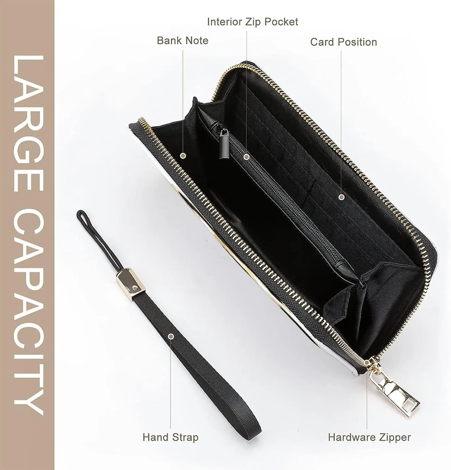 Donnapink Long Clutch Wallet, Long Handbag with Wristlet Strap, PU Leather Zip Purse