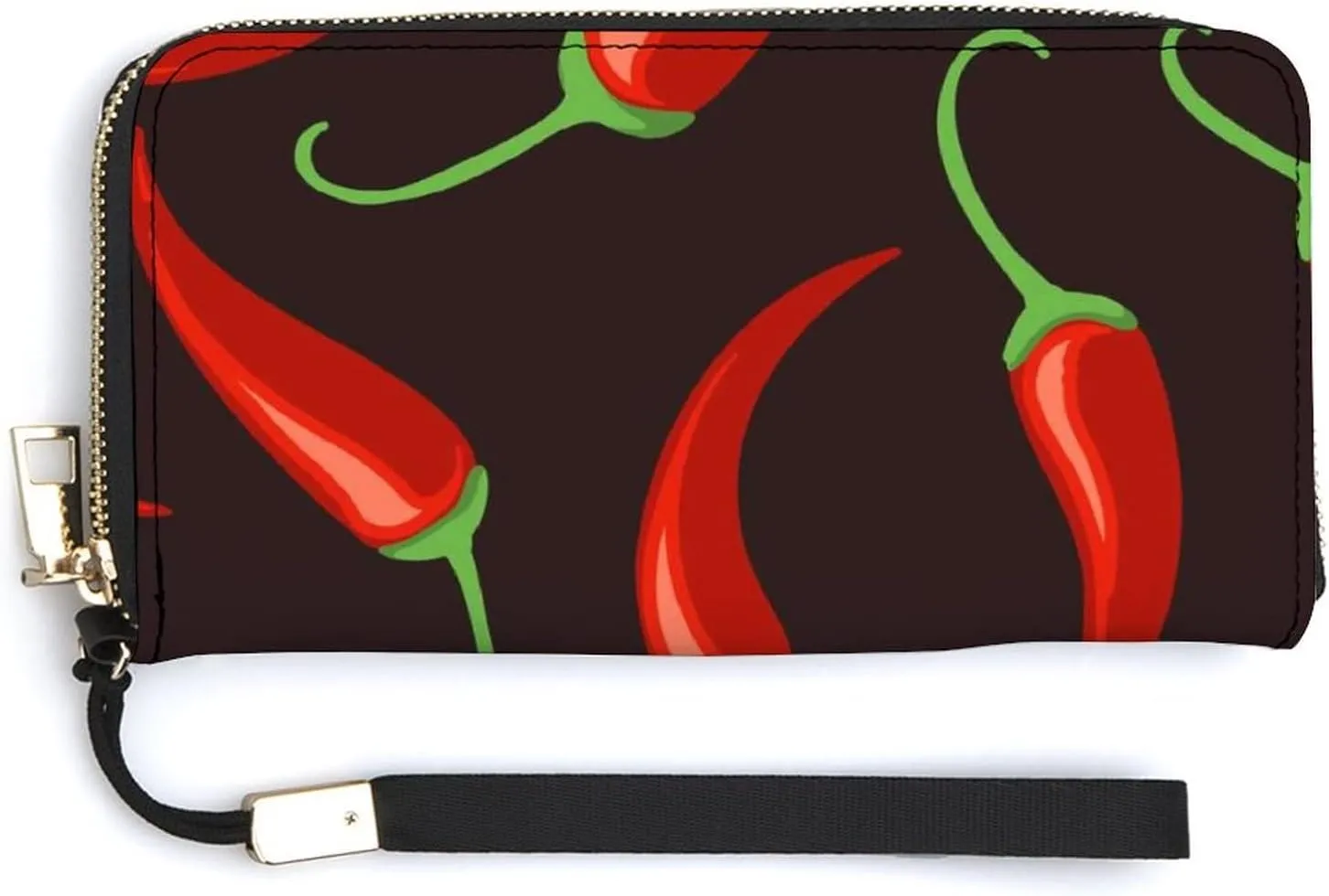 Donnapink Seamless Red Chili Pepper On Black Long Clutch Wallet, Long Handbag with Removable Wristlet Strap, PU Leather Zip Purse, Credit Pass Case Card-Holder for Men Women
