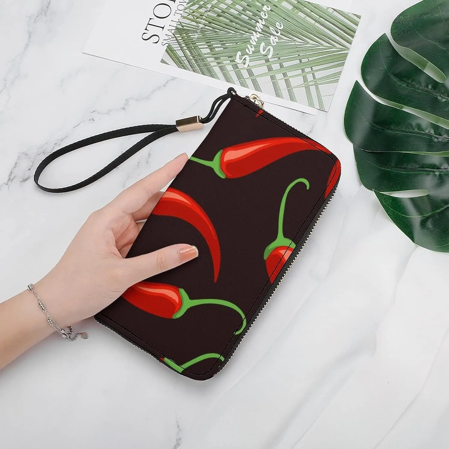 Donnapink Seamless Red Chili Pepper On Black Long Clutch Wallet, Long Handbag with Removable Wristlet Strap, PU Leather Zip Purse, Credit Pass Case Card-Holder for Men Women