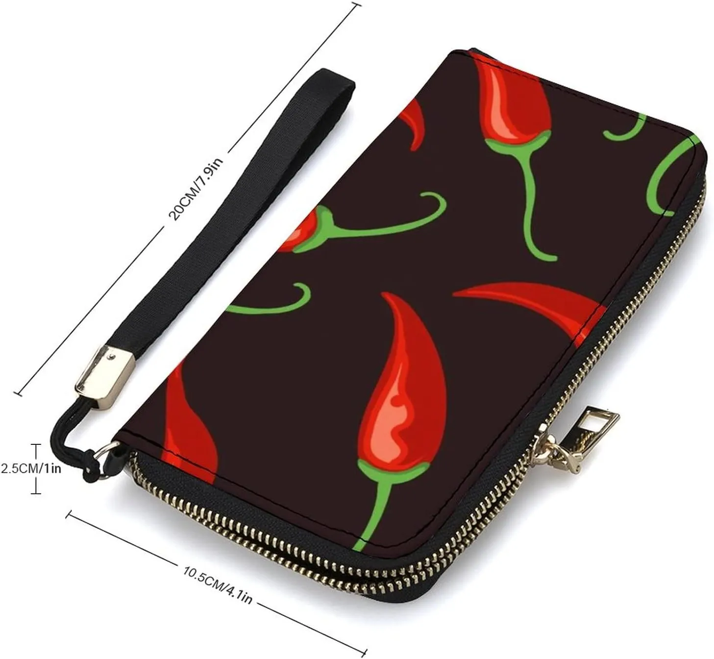 Donnapink Seamless Red Chili Pepper On Black Long Clutch Wallet, Long Handbag with Removable Wristlet Strap, PU Leather Zip Purse, Credit Pass Case Card-Holder for Men Women