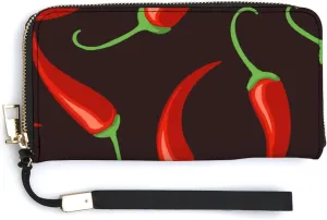 Donnapink Seamless Red Chili Pepper On Black Long Clutch Wallet, Long Handbag with Removable Wristlet Strap, PU Leather Zip Purse, Credit Pass Case Card-Holder for Men Women