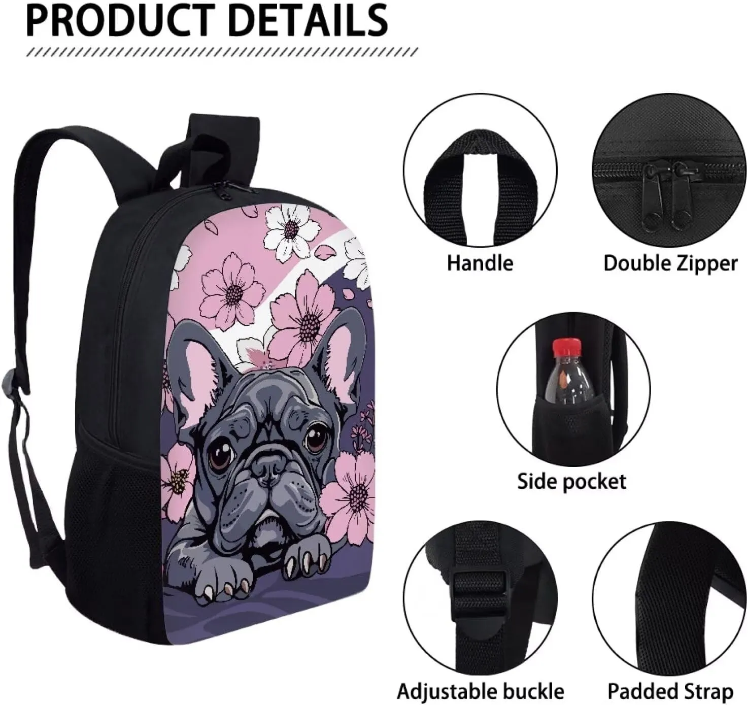 Dreaweet Bulldog Floral Backpack for Girls,Kids Backpack for Elementary School Girls 8-10 Preschool Backpack Student Book Bag,Girls Backpack for School Daycare Travel