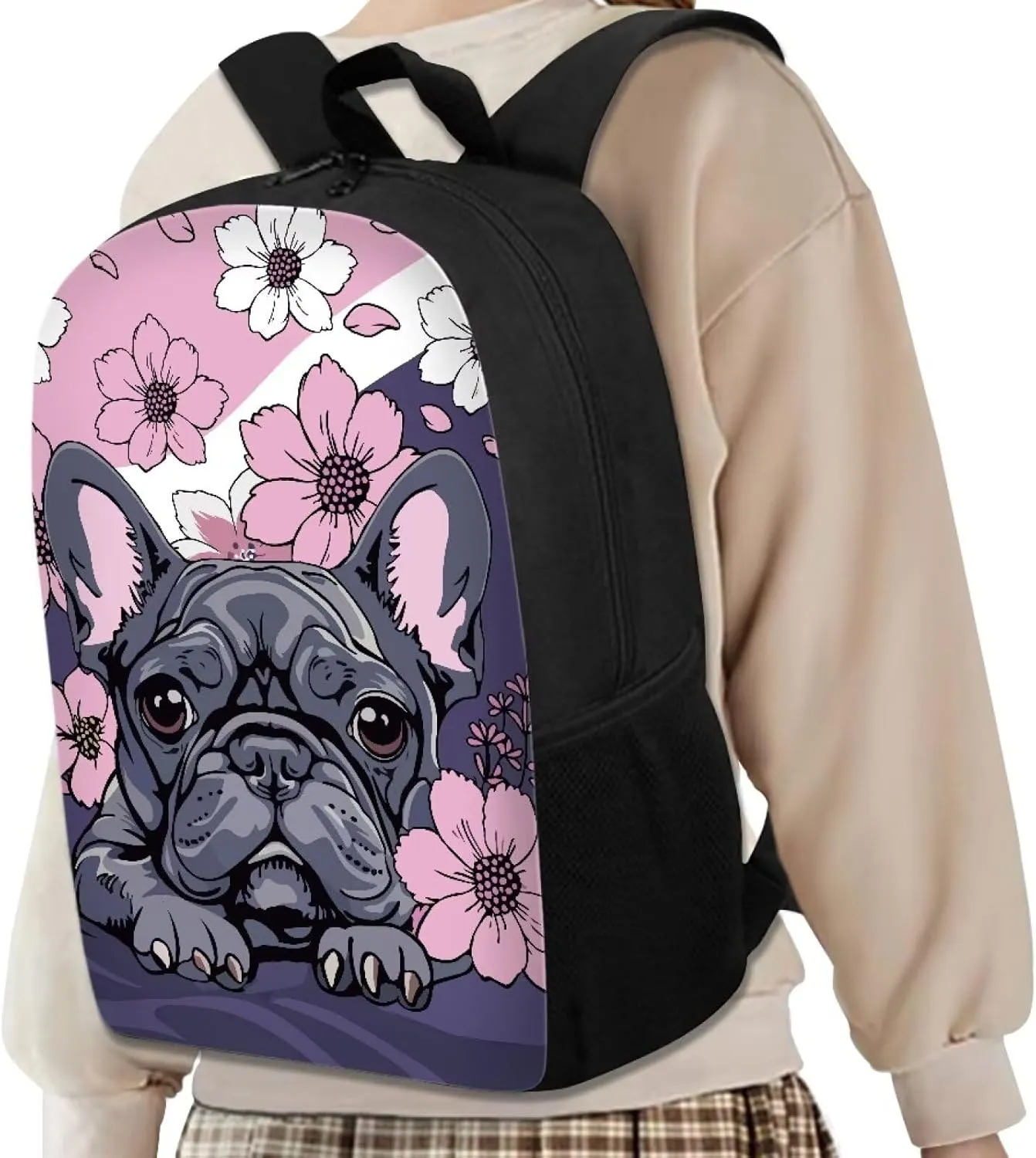 Dreaweet Bulldog Floral Backpack for Girls,Kids Backpack for Elementary School Girls 8-10 Preschool Backpack Student Book Bag,Girls Backpack for School Daycare Travel