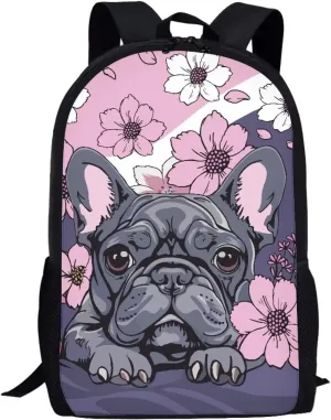 Dreaweet Bulldog Floral Backpack for Girls,Kids Backpack for Elementary School Girls 8-10 Preschool Backpack Student Book Bag,Girls Backpack for School Daycare Travel