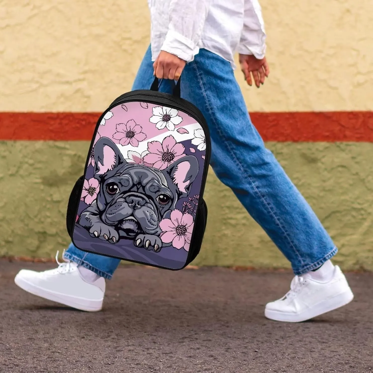Dreaweet Bulldog Floral Backpack for Girls,Kids Backpack for Elementary School Girls 8-10 Preschool Backpack Student Book Bag,Girls Backpack for School Daycare Travel