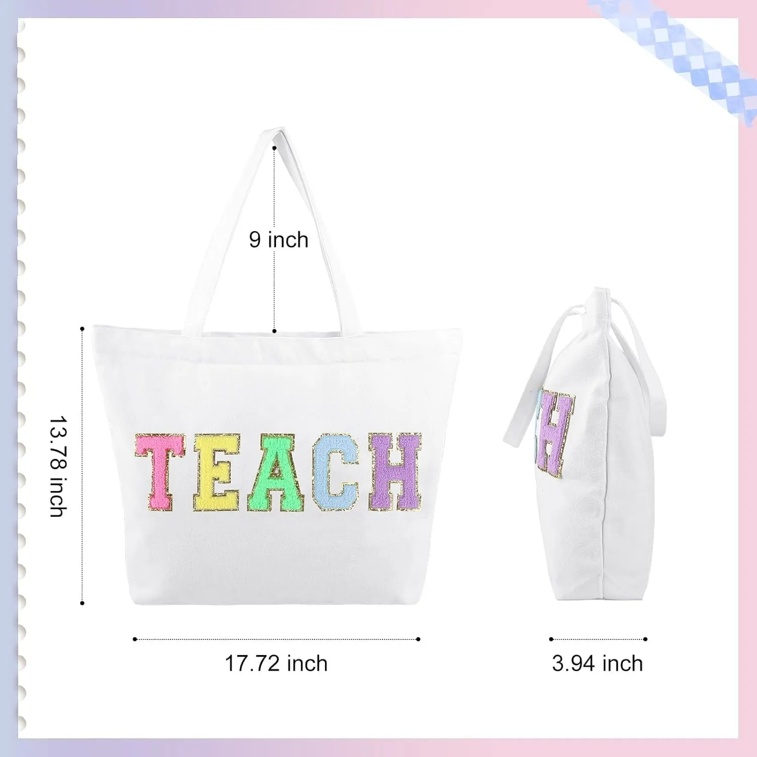 Dripykiaa Teacher Appreciation Gifts Teacher Gifts Tote Bag Canvas Chenille Letter Patches with Zipper Pocket