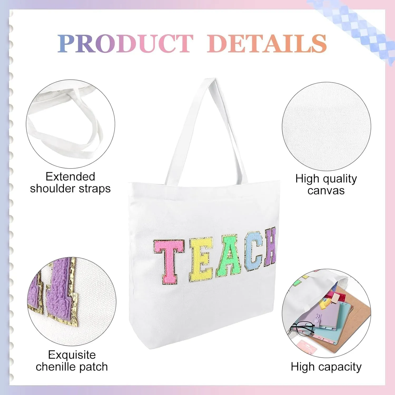 Dripykiaa Teacher Appreciation Gifts Teacher Gifts Tote Bag Canvas Chenille Letter Patches with Zipper Pocket