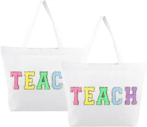 Dripykiaa Teacher Appreciation Gifts Teacher Gifts Tote Bag Canvas Chenille Letter Patches with Zipper Pocket