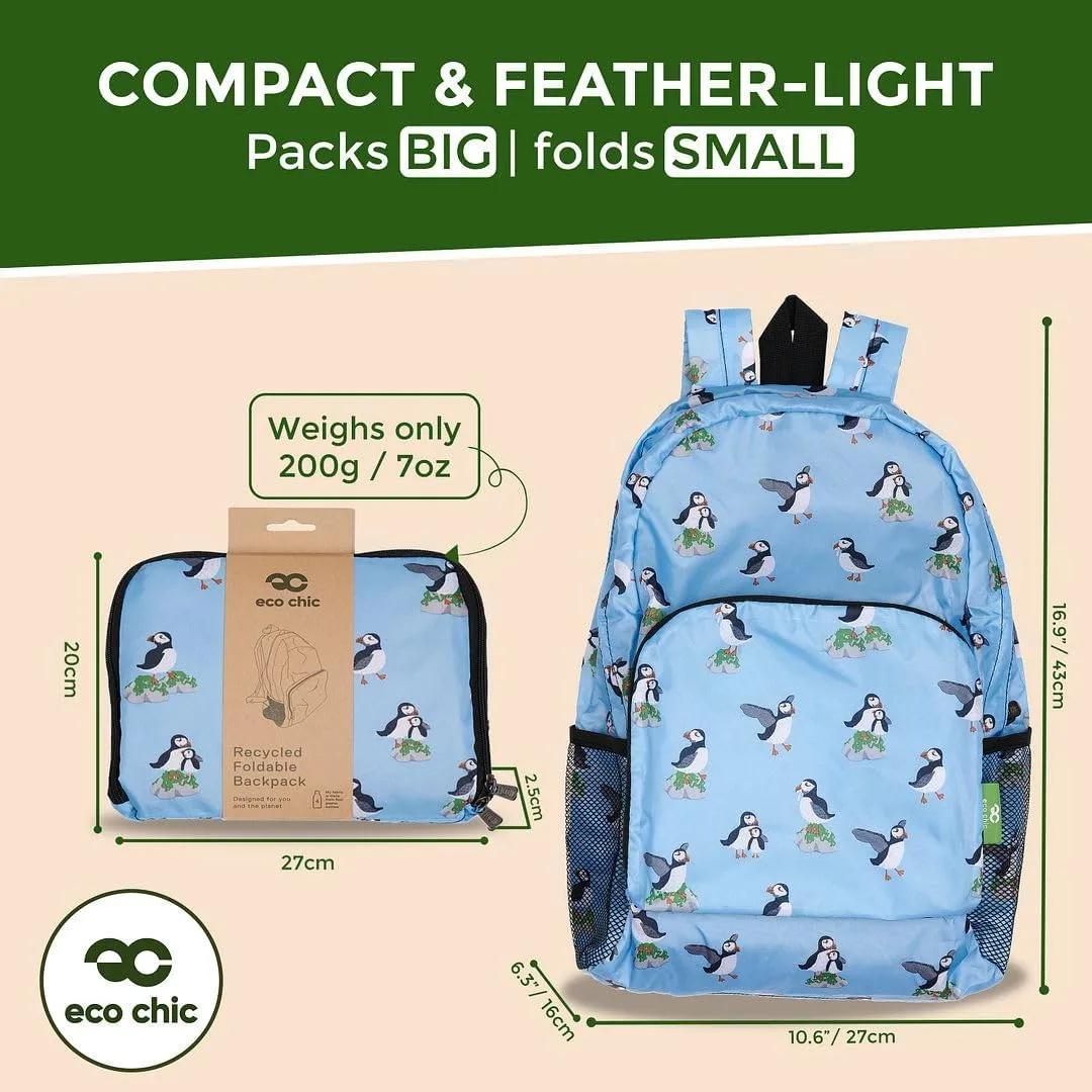 ECO CHIC Hiking Lightweight Packable Backpack - Foldable Daypack for Travel & Hiking & Outdoor Adventures - Waterproof Backpack from Recycled Materials (Multi Puffin Blue)