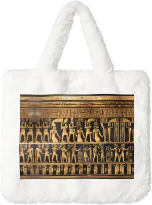 Egypts Hieroglyphics Printing Fluffy Shoulder Bag Ladies Plush Underarm Bag Tote Bag Furry Purse Handbag For Work Travel