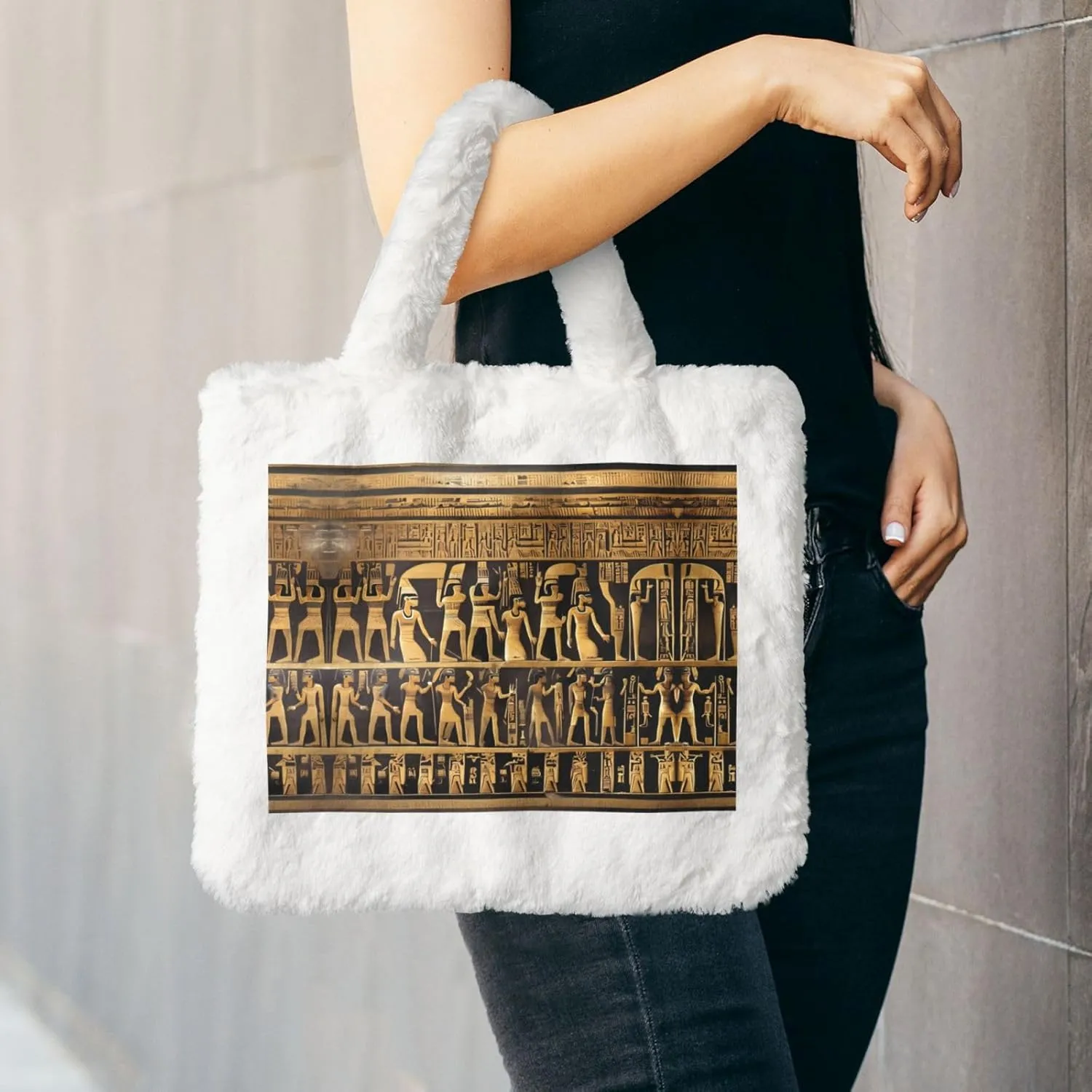 Egypts Hieroglyphics Printing Fluffy Shoulder Bag Ladies Plush Underarm Bag Tote Bag Furry Purse Handbag For Work Travel