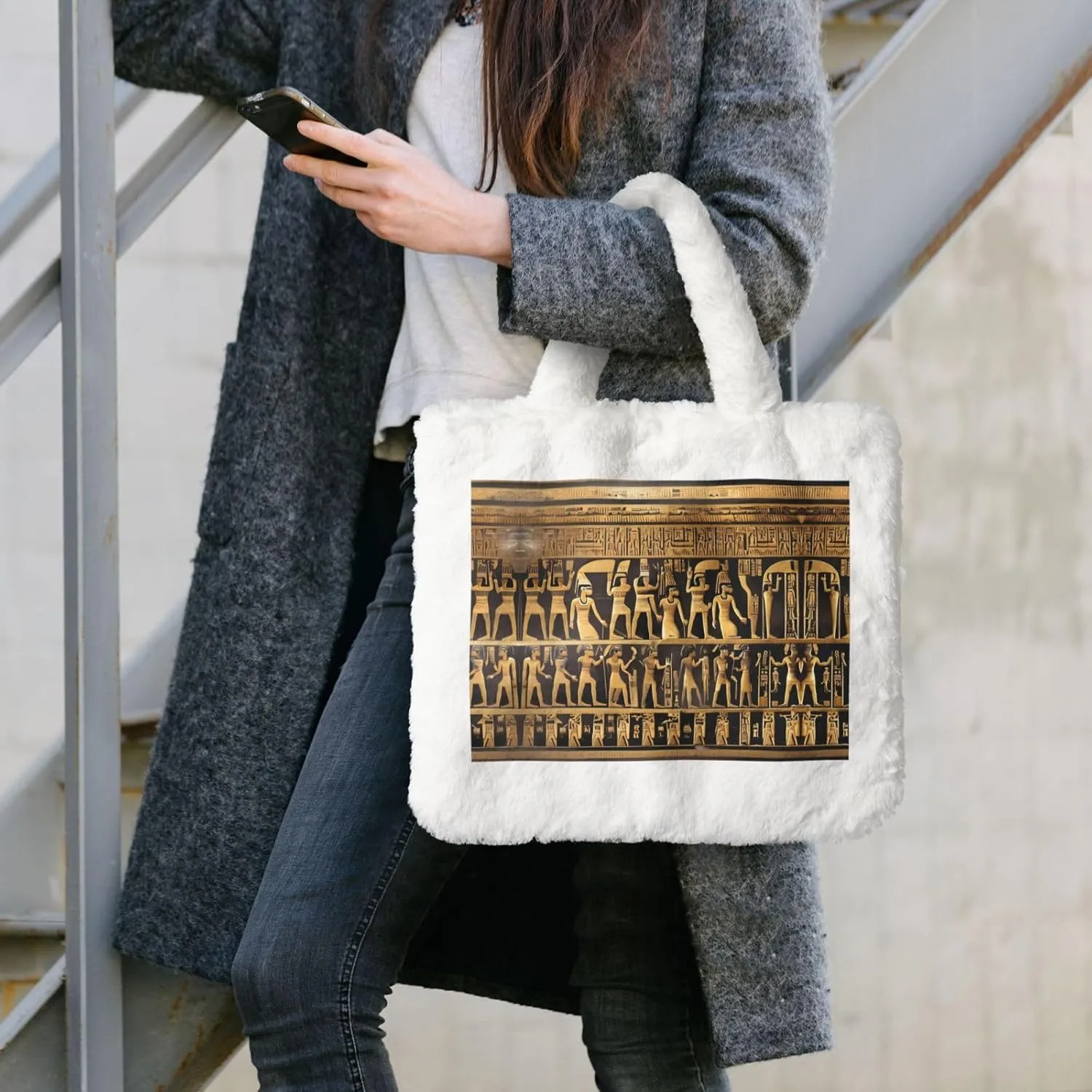 Egypts Hieroglyphics Printing Fluffy Shoulder Bag Ladies Plush Underarm Bag Tote Bag Furry Purse Handbag For Work Travel