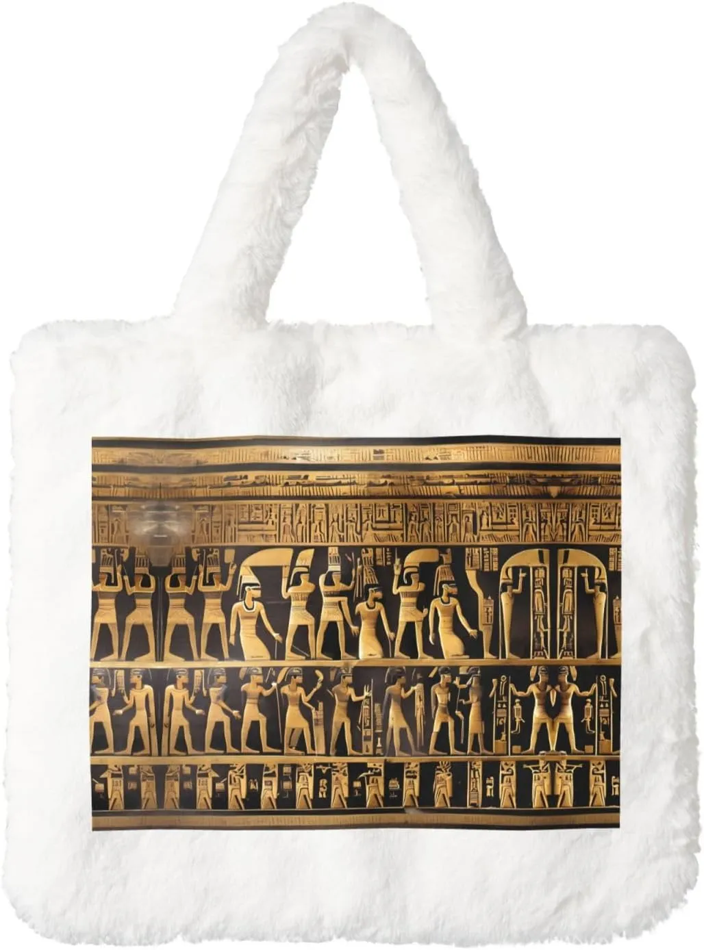 Egypts Hieroglyphics Printing Fluffy Shoulder Bag Ladies Plush Underarm Bag Tote Bag Furry Purse Handbag For Work Travel