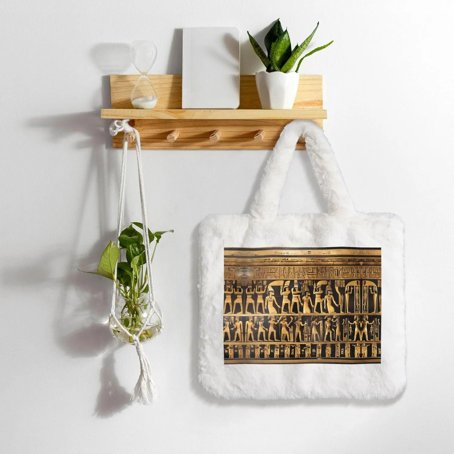 Egypts Hieroglyphics Printing Fluffy Shoulder Bag Ladies Plush Underarm Bag Tote Bag Furry Purse Handbag For Work Travel