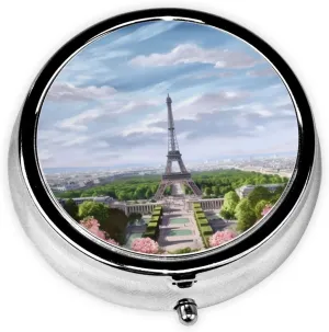 Eiffel Tower Paris View Pill Box Round Pill Case for Pocket Purse 3 Compartment Medicine Pill Organizer Cute Portable Travel Pillbox Vitamin Cod Liver Oil Storage Box Unique Gift Organizer