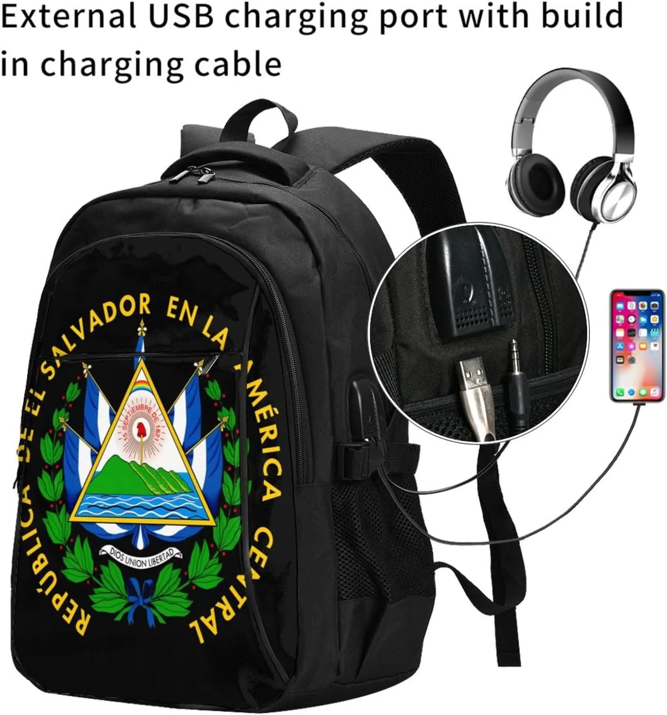 El Salvador Flag Business Laptop Backpack Travel Backpacks Outdoor Rucksack Large Bag Daypack with USB Charging Port Multi-Pocket for Hiking Camping