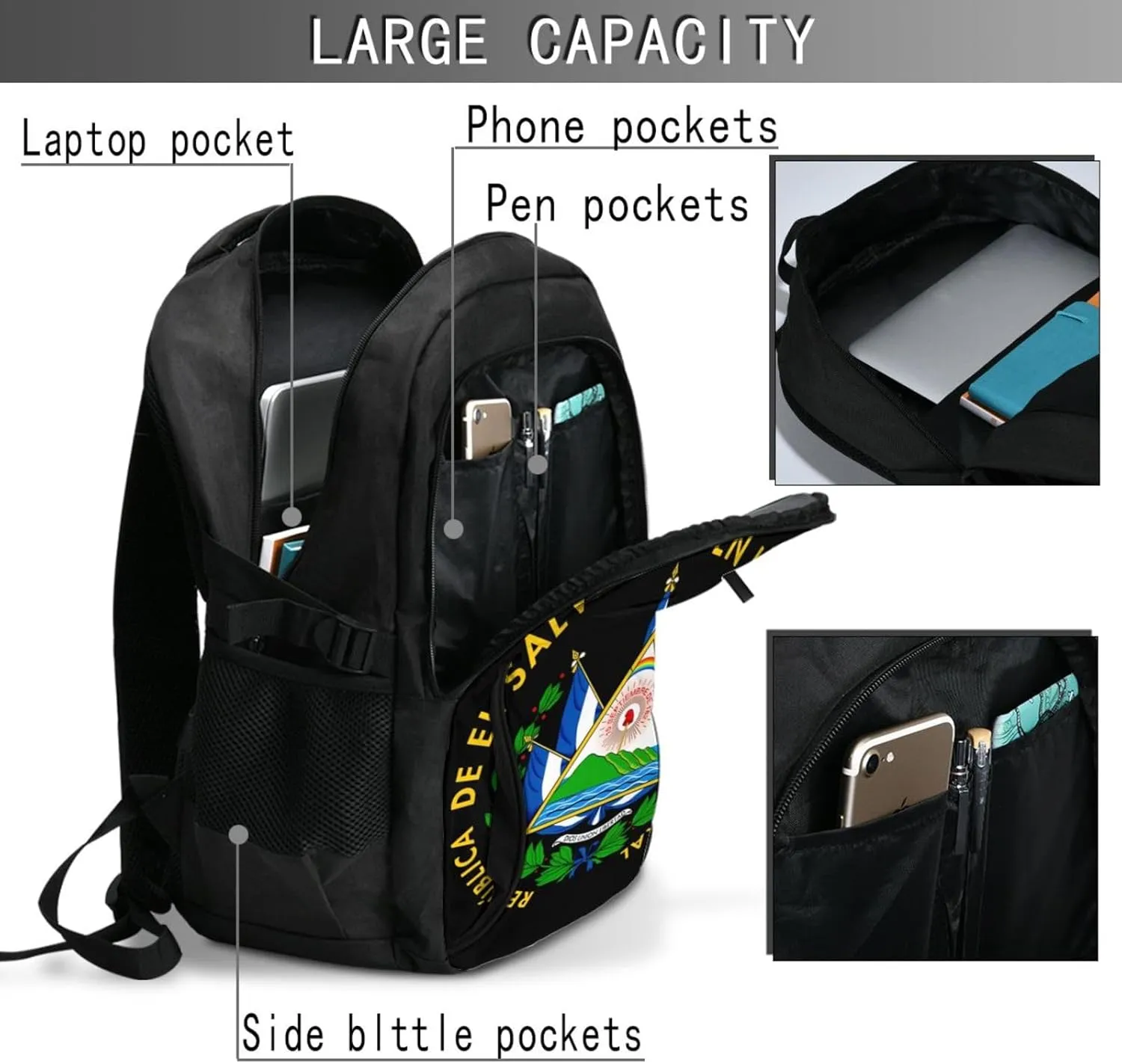 El Salvador Flag Business Laptop Backpack Travel Backpacks Outdoor Rucksack Large Bag Daypack with USB Charging Port Multi-Pocket for Hiking Camping