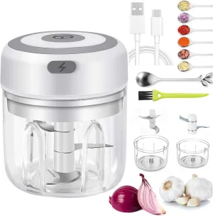 Electric Mini Garlic Chopper & Food Processor with Spoon & Brush - 2 Cup Portable Cordless Vegetable Blender, Onion Mincer with USB Charging for Baby Food, Chili, Herbs, Spices (White, 100 250ml)