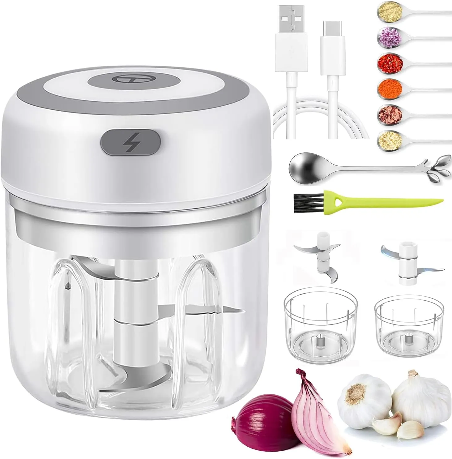Electric Mini Garlic Chopper & Food Processor with Spoon & Brush - 2 Cup Portable Cordless Vegetable Blender, Onion Mincer with USB Charging for Baby Food, Chili, Herbs, Spices (White, 100 250ml)