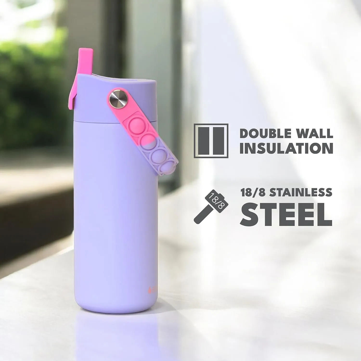Elemental 100% Leak Proof When Spout is Closed Insulated Kids Water Bottle, Stainless Steel Bottle for School with Straw Lid & Pop-It Handle, for Travel and Sports, 18oz - Lilac Tie Dye