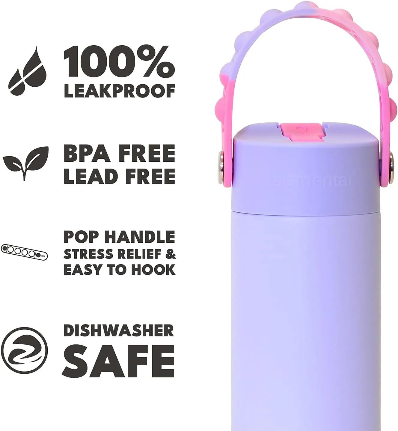 Elemental 100% Leak Proof When Spout is Closed Insulated Kids Water Bottle, Stainless Steel Bottle for School with Straw Lid & Pop-It Handle, for Travel and Sports, 18oz - Lilac Tie Dye