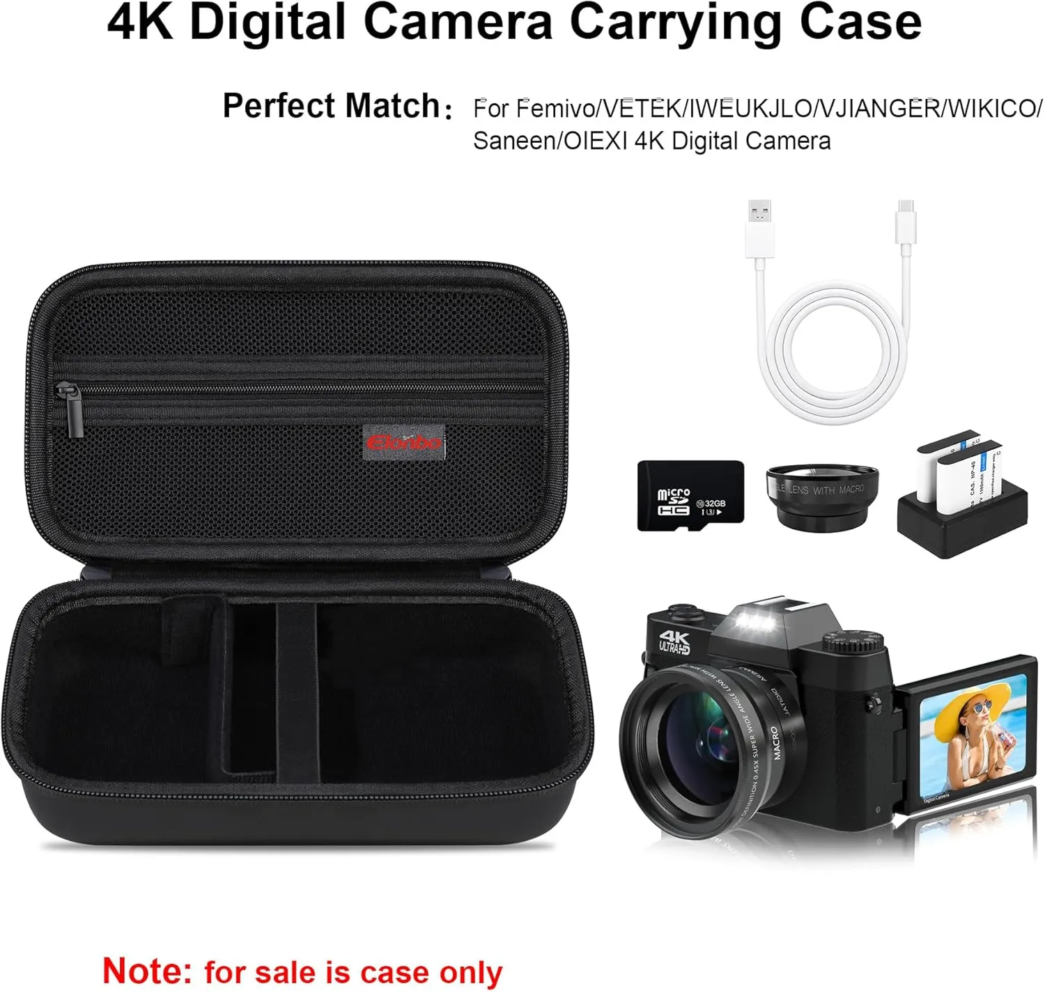 Elonbo 4K Digital Camera Carrying Case for Femivo/VETEK/IWEUKJLO/VJIANGER/WIKICO/Saneen/OIEXI 4K 48MP Vlogging Camera, Travel Compact Camera Storage Cover Bag Organizer Holder, Black