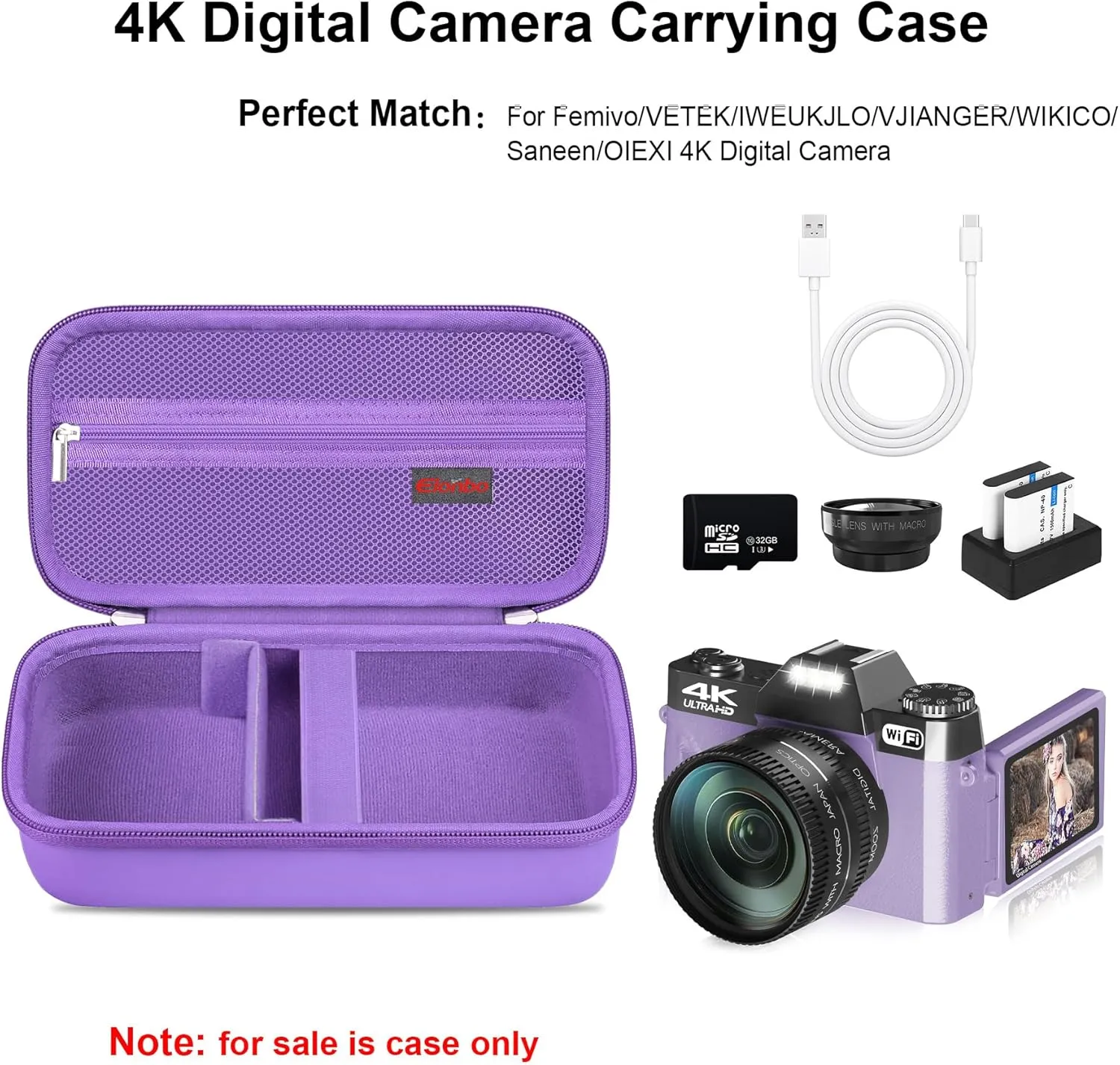 Elonbo 4K Digital Camera Carrying Case for Femivo/VETEK/IWEUKJLO/VJIANGER/WIKICO/Saneen/OIEXI 4K 48MP Vlogging Camera, Travel Compact Camera Storage Cover Bag Organizer Holder, Purple Purple