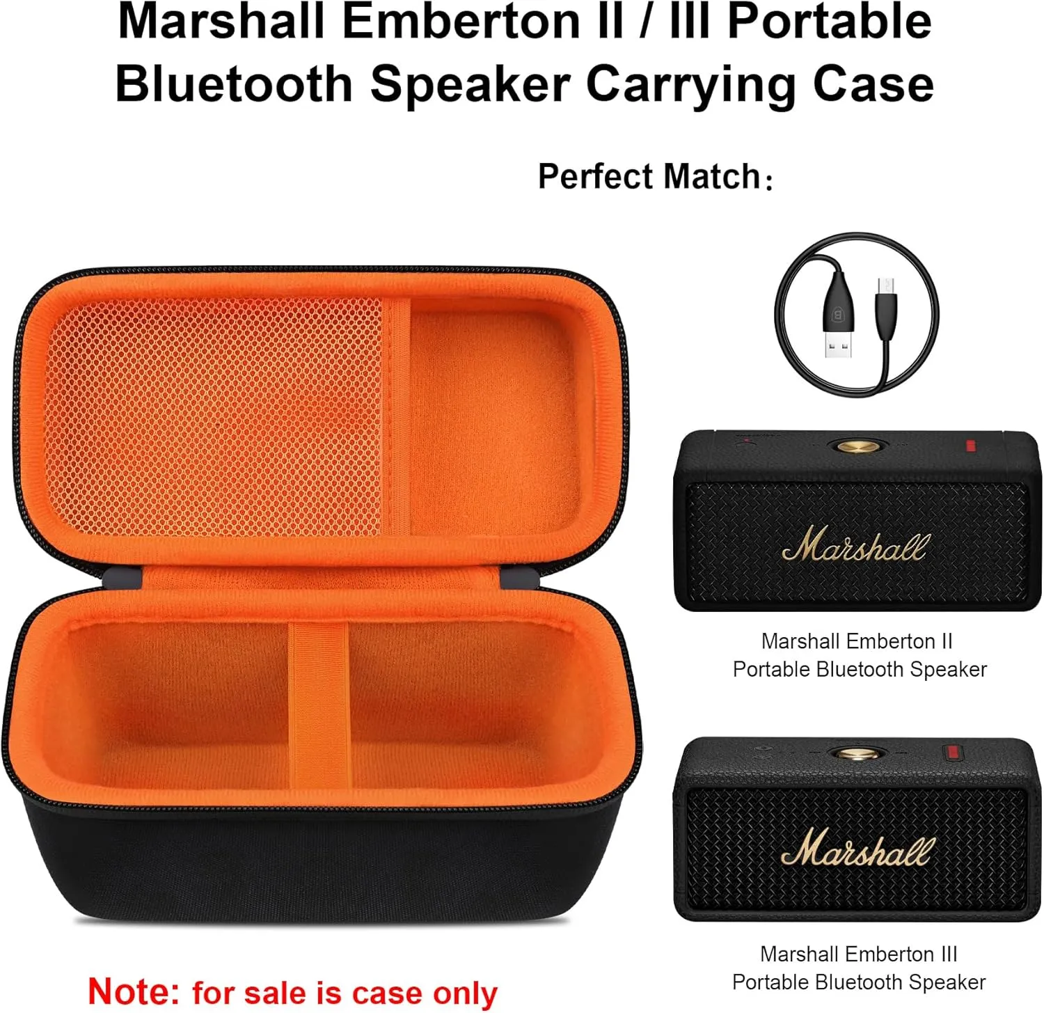 Elonbo Carrying Case ​for Marshall Emberton II/III Portable Bluetooth Speaker, Marshall Emberton 2/3 Speaker Travel Bag Storage Holder, Mesh Pocket Fits Charger, Dark Black inside Orange