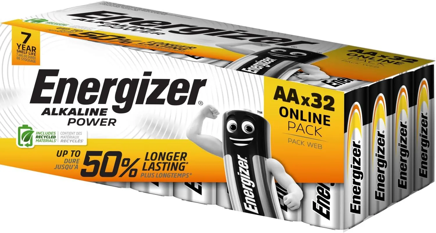 Energizer AA Batteries, Alkaline Power, 32 Pack, Double A Battery Pack - Amazon Exclusive (Packaging May Vary)