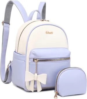 Eslcorri Mini Backpack Purse for Women - Girls Bowknot Fashion Backpack Small Leather Cute Travel Daypacks with Wallet 2-PCS Casual Ladies Convertible Shoulder Handbag - Purple