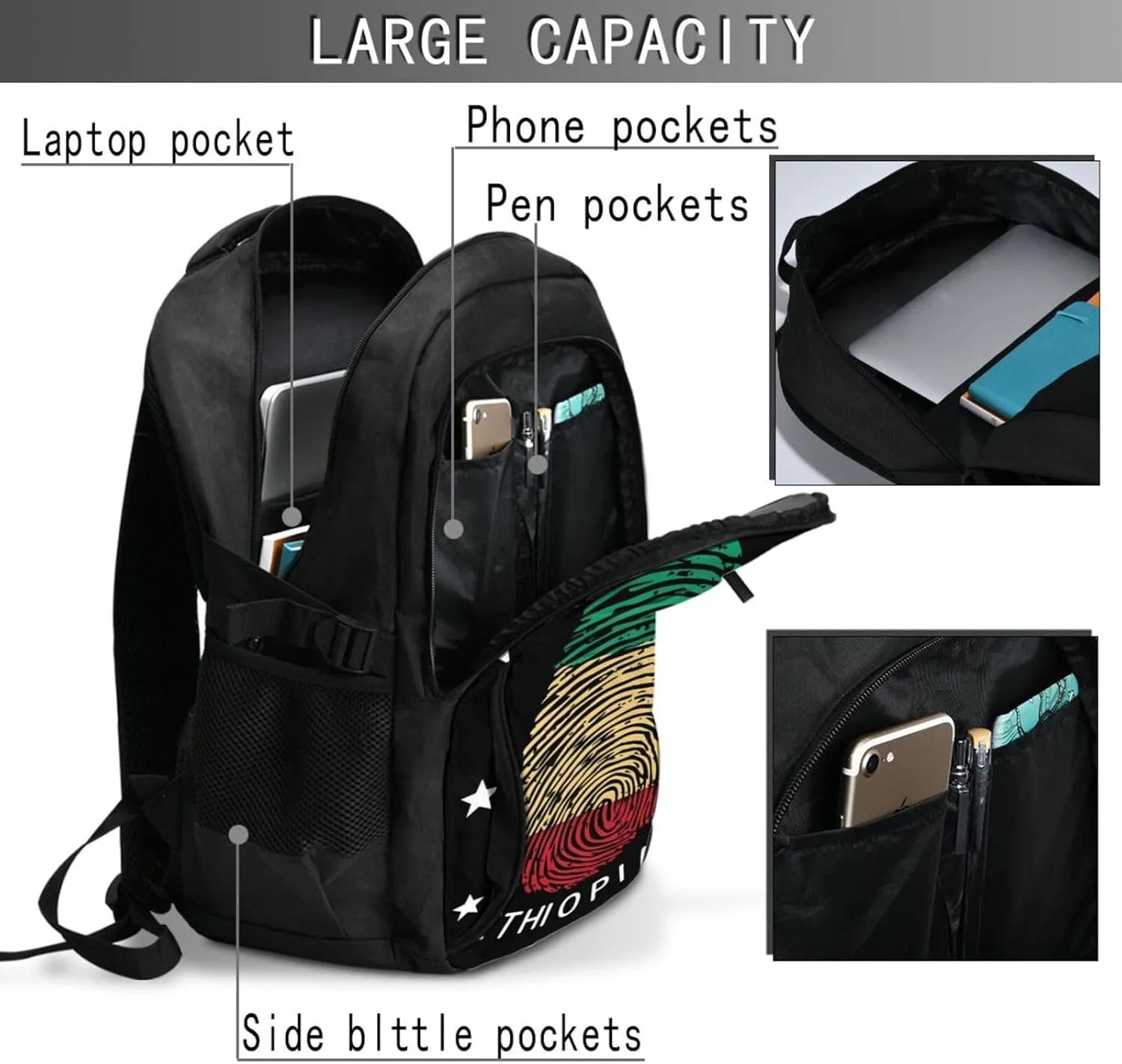 Ethiopia Flag Made in Ethiopia Casual Travel Backpacks Hiking Camping Backpack Large Outdoor Sport Daypack Laptop Rucksack Climbing Working Bags with USB Port