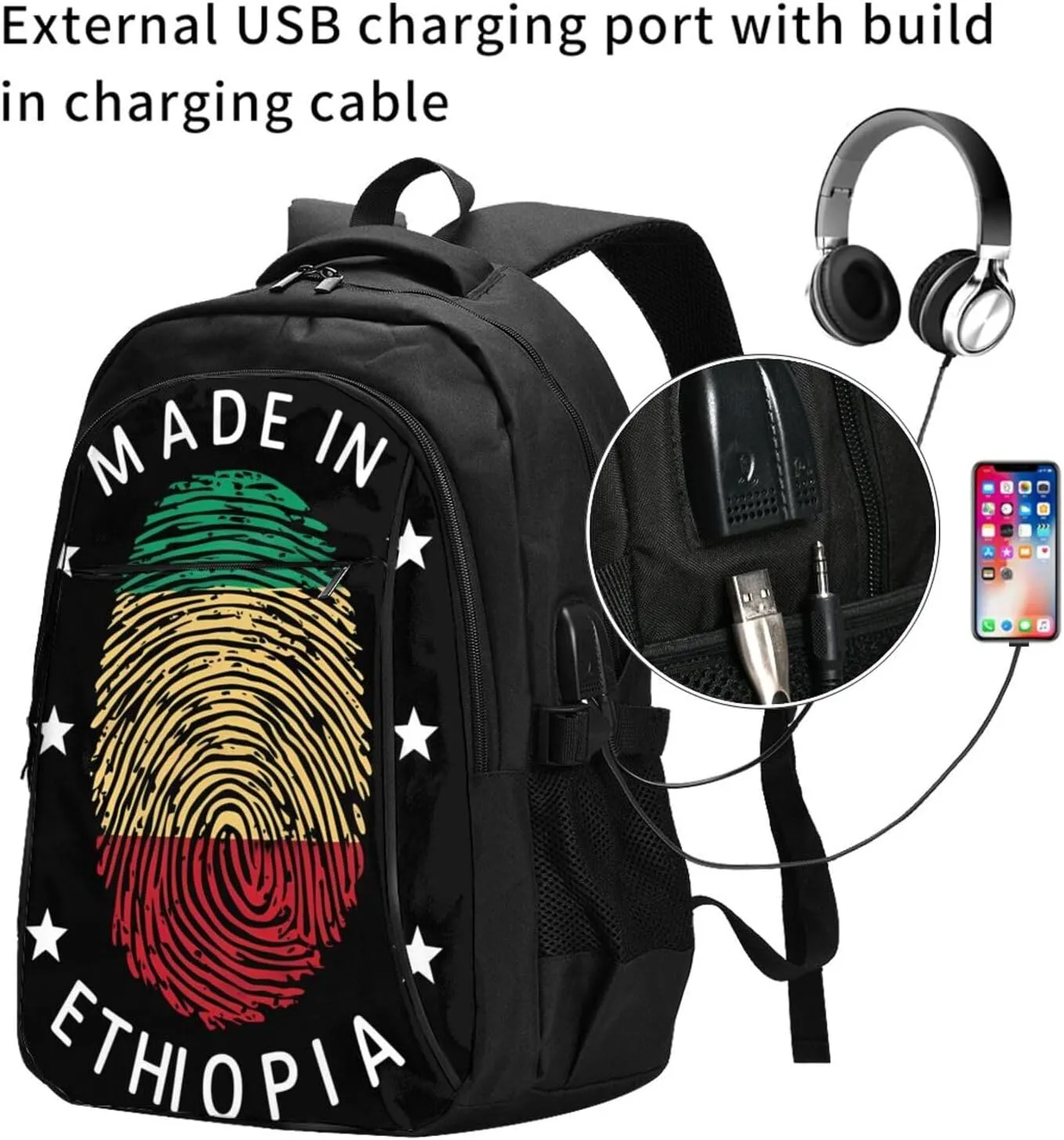 Ethiopia Flag Made in Ethiopia Casual Travel Backpacks Hiking Camping Backpack Large Outdoor Sport Daypack Laptop Rucksack Climbing Working Bags with USB Port