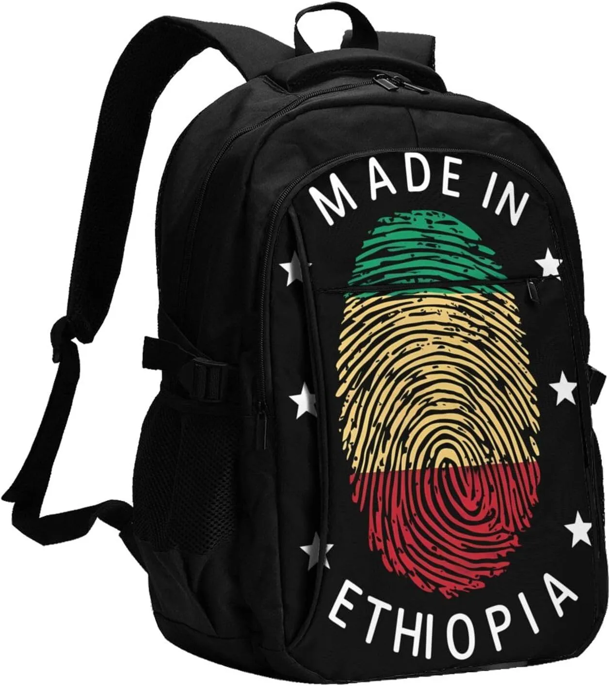 Ethiopia Flag Made in Ethiopia Casual Travel Backpacks Hiking Camping Backpack Large Outdoor Sport Daypack Laptop Rucksack Climbing Working Bags with USB Port