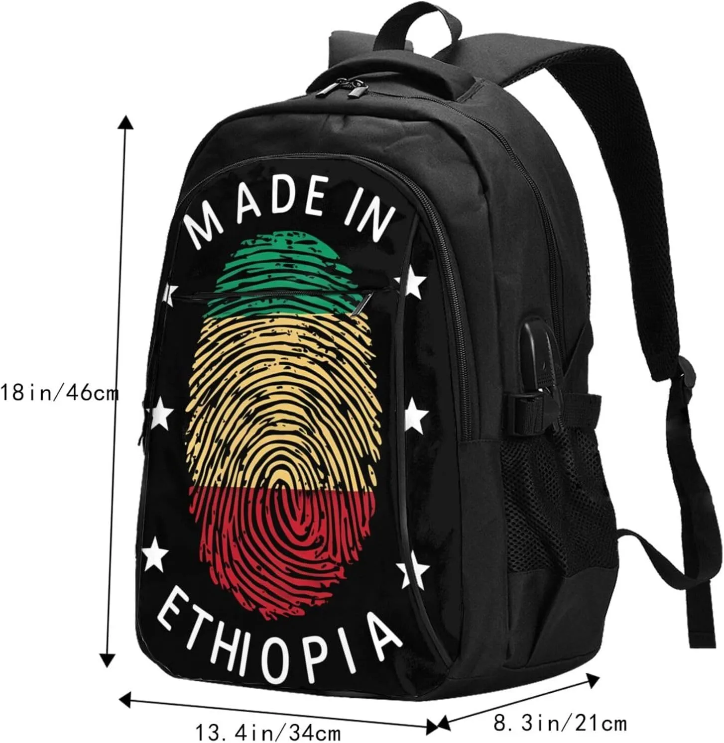 Ethiopia Flag Made in Ethiopia Casual Travel Backpacks Hiking Camping Backpack Large Outdoor Sport Daypack Laptop Rucksack Climbing Working Bags with USB Port