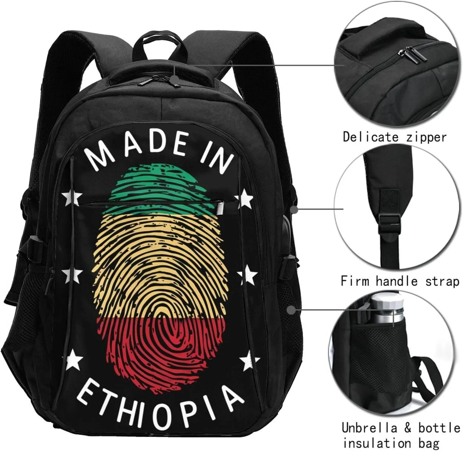 Ethiopia Flag Made in Ethiopia Casual Travel Backpacks Hiking Camping Backpack Large Outdoor Sport Daypack Laptop Rucksack Climbing Working Bags with USB Port