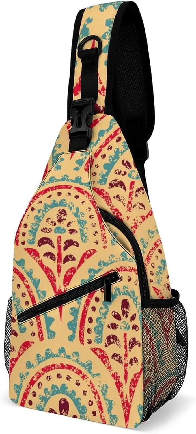 Ethnic Boho Wavy Pattern Sling Bag Crossbody for Women Men Lightweight Adjustable Extender Strap Tribal Motifs Shoulder Backpack with Water Bottle Holder Casual Daypack for Hiking Travel