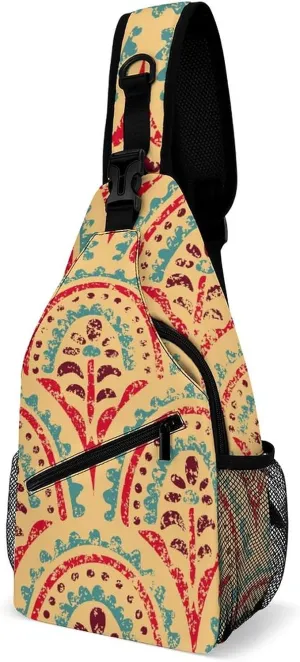 Ethnic Boho Wavy Pattern Sling Bag Crossbody for Women Men Lightweight Adjustable Extender Strap Tribal Motifs Shoulder Backpack with Water Bottle Holder Casual Daypack for Hiking Travel