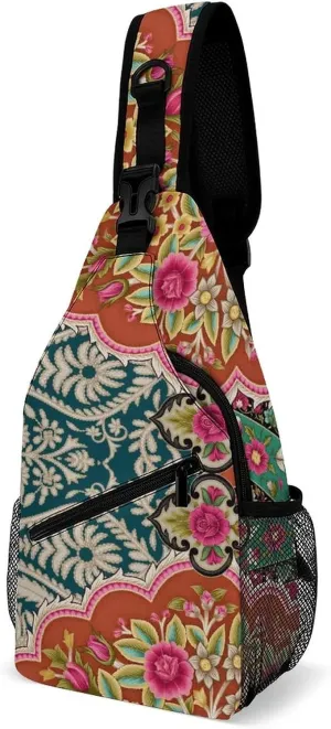 Ethnic Textile Embroidery Sling Bag Crossbody for Women Men Lightweight Adjustable Extender Strap Mughal Arts Shoulder Backpack with Water Bottle Holder Casual Daypack for Hiking Travel