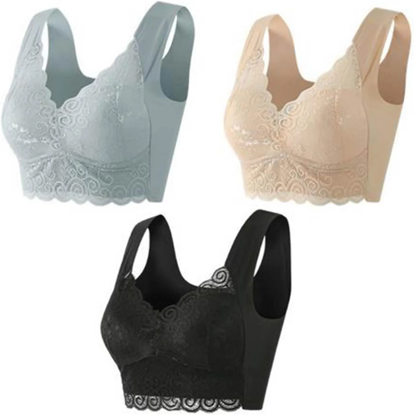 Everyday Bras for Women Lace Beauty Back Smoothing Bra Comfort-Strap Wireless Bra Underwear Plus Size Bra 3PC