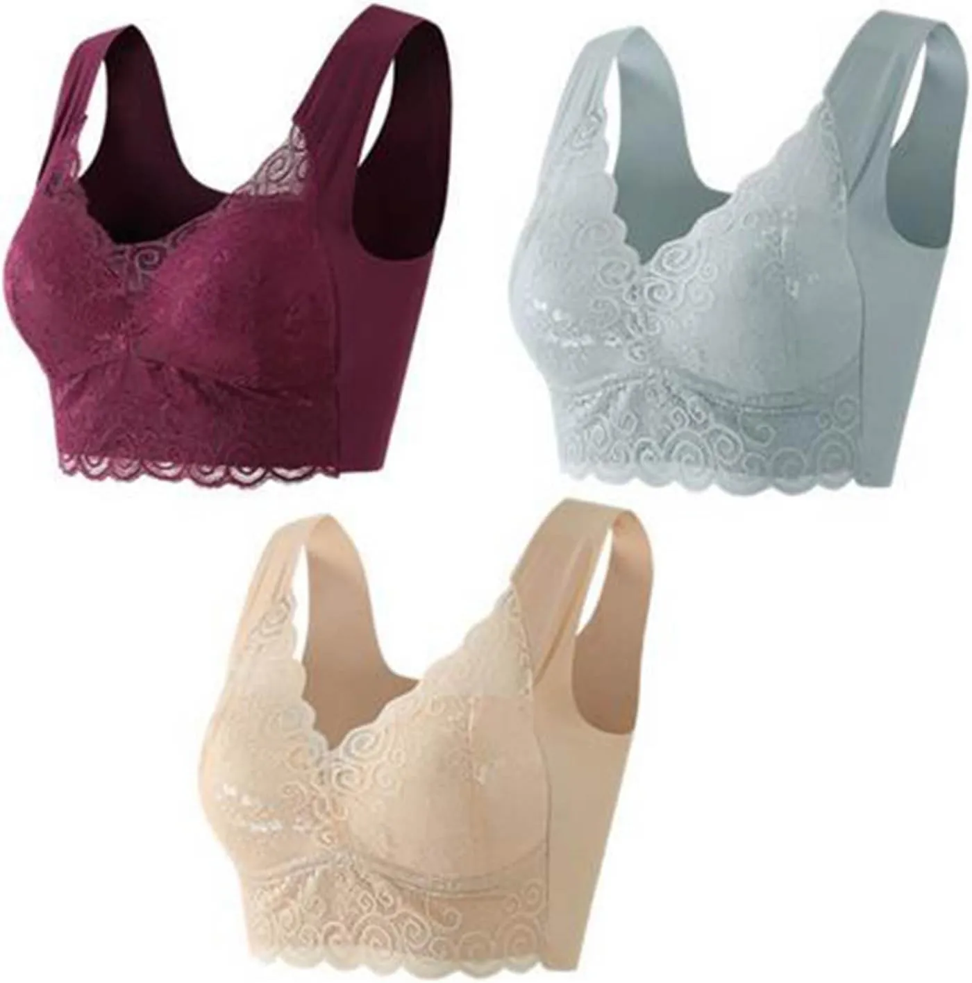 Everyday Bras for Women Lace Beauty Back Smoothing Bra Comfort-Strap Wireless Bra Underwear Plus Size Bra 3PC