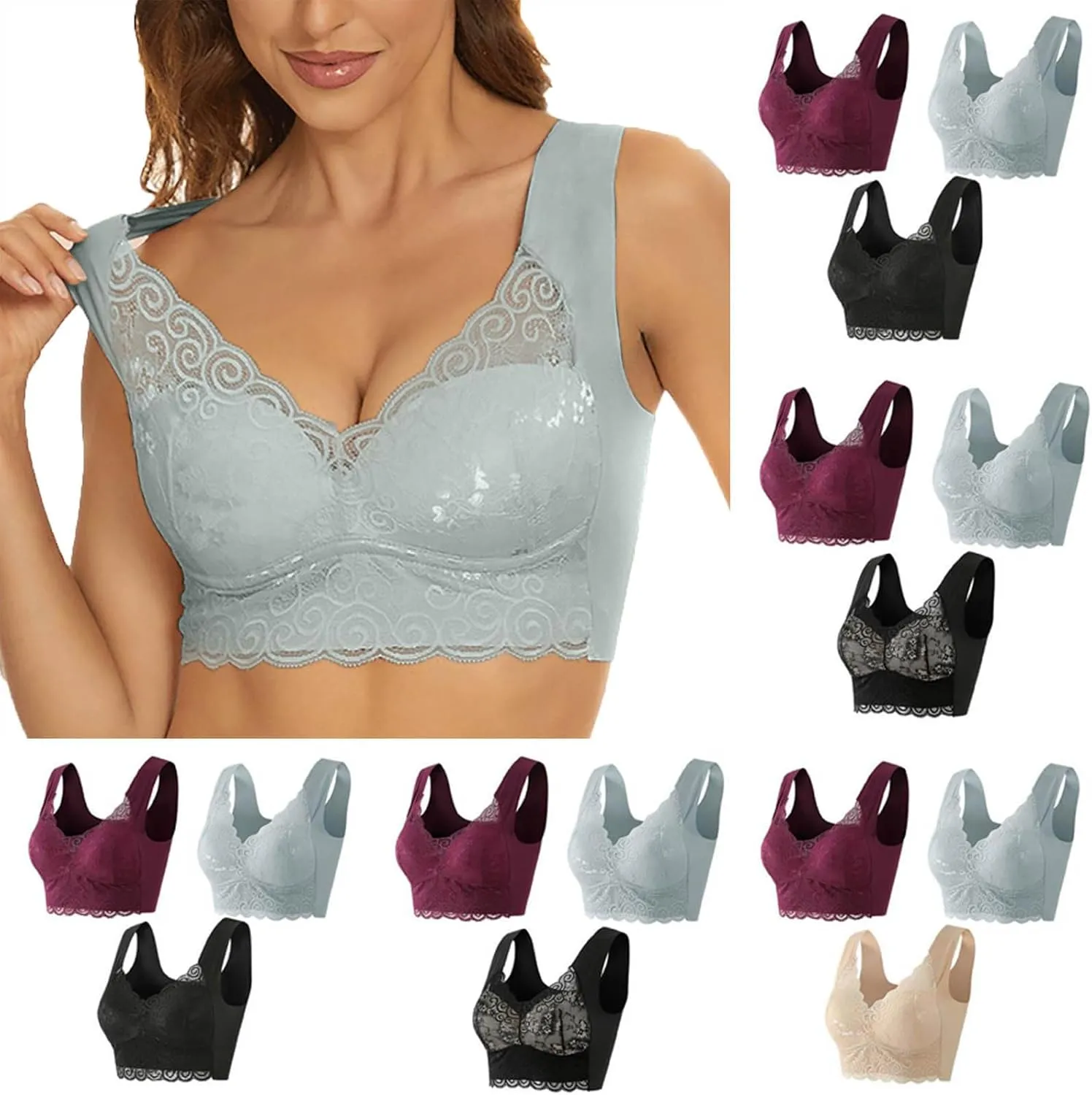 Everyday Bras for Women Lace Beauty Back Smoothing Bra Comfort-Strap Wireless Bra Underwear Plus Size Bra 3PC